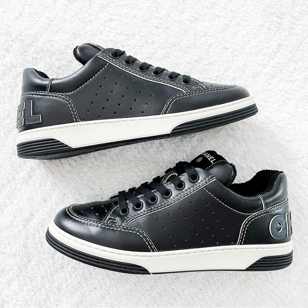 authentic black leather chanel logo sneakers